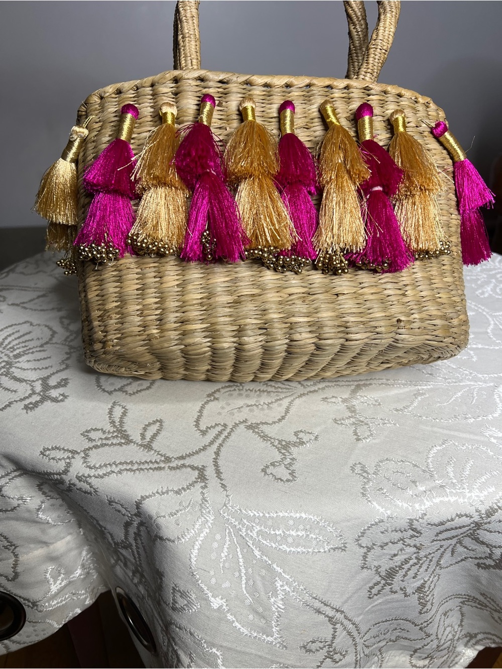 Vintage Straw Tote with Pink & Natural Tassels - Picture 2 of 9